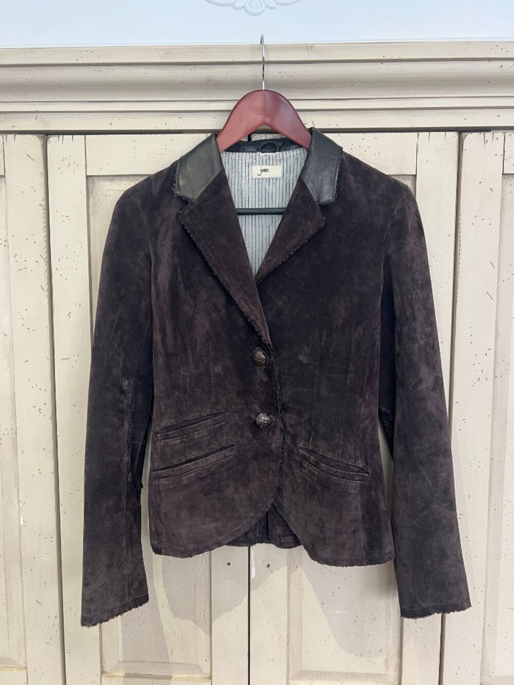 June Y2K Brown Suede Blazer Black Leather Collar Tweed Underarm Silk Lined XS